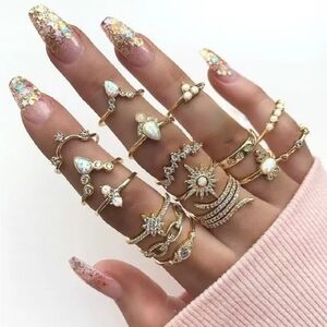 NWT 16pc Bohemian Delicate Women's Gold Ring Set